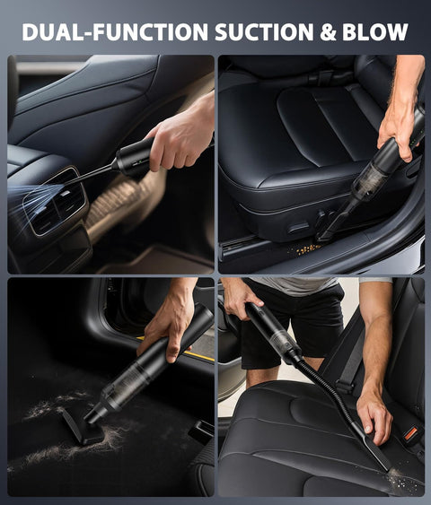Person using Portable Cordless Handheld Vacuum Cleaner 4 In 1 Mini Vacuum with Dual Suction Modes to clean car interior surfaces.