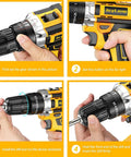 Steps for using Power Up 21V Cordless Drill Kit With Two Batteries And Charger, 25+3 Torque; hand adjustments and controls.