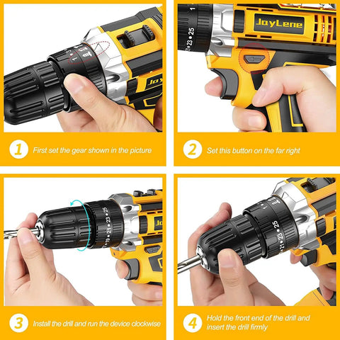 Steps for using Power Up 21V Cordless Drill Kit With Two Batteries And Charger, 25+3 Torque; hand adjustments and controls.