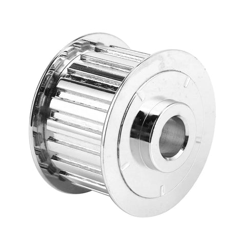 Thinking Process: chrome metal alternator pulley kit, grooved V-belt replacement for 351C engine, close-up view