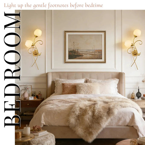 Bedroom with gold wall sconces set of two with thick clear glass shades modern black and brass vanity lights above bed