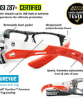 Ultra Sleek Frameless Safety Glasses With Scratch Resistant Clear Lenses Heavy Duty Wraparound Design with foam gasket and anti-fog features.