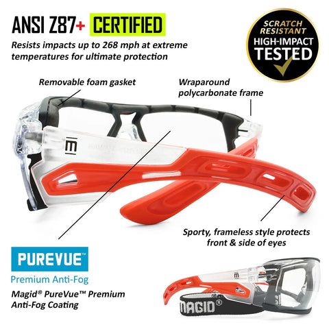 Ultra Sleek Frameless Safety Glasses With Scratch Resistant Clear Lenses Heavy Duty Wraparound Design with foam gasket and anti-fog features.