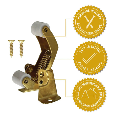 Built Tough Spring Loaded Screen Door Catch Slick Brass Finish Iron Frame with rollers and screws for easy installation.