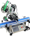 Automatic Flat Surface Labeling Machine With Built In Printer And Desktop Conveyor System For High Speed Precision Sticker Application Dead Simple Setup 110V showing touch screen controls and conveyor belt.