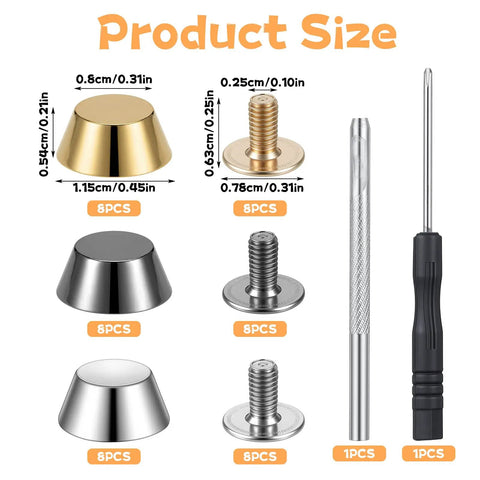 Image showing product sizes of Snag This Solid Twenty Six Piece Purse Feet And Handbag Feet Metal Stud Rivet Kit in various finishes.