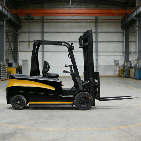 Smooth Operator Portable Mini Electric Forklift 4 Way Counterbalance Lift Truck With Adjustable Forks And Tough Solid Tires side view in warehouse.