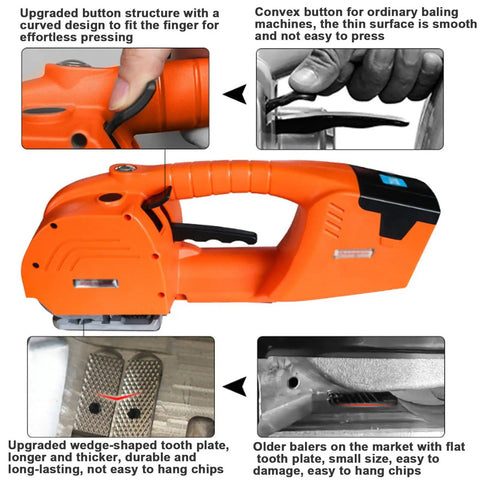 No Sweat Hand Held Electric Strapping Machine With 6000Mah Battery Powered Heat Welder For PP Pet Tape close-up of handle and buttons.