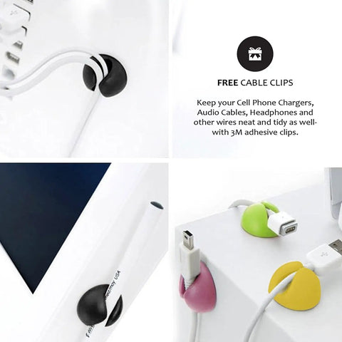 Colorful adhesive cable clips securing wires, displayed near a text promoting free clips offer.