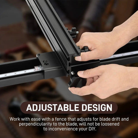 Versatile Bandsaw Fence For 14 Inch Saws With Micro Adjust Positioning being adjusted close-up view, Easy Install Fits Jet Delta General Grizzly And More, Replacement Fence And Workbench Rail Accessory For Accurate Repeatable Cuts.