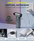 Powerful 130000 RPM Turbo Brushless Air Duster with Aluminum Alloy Body and Fast Charging connected to USB-C power source.