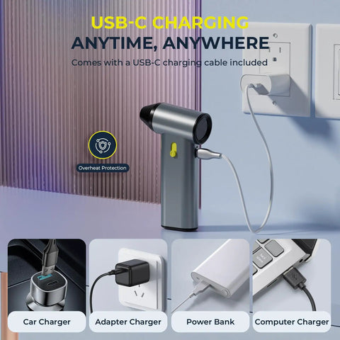 Powerful 130000 RPM Turbo Brushless Air Duster with Aluminum Alloy Body and Fast Charging connected to USB-C power source.