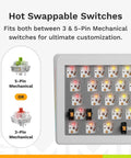 Hot swappable mechanical keyboard switches for customization, fitting both 3-Pin and 5-Pin options.