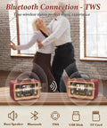 Retro Bluetooth Speaker With Deep Bass And Stereo Sound Portable AM FM Radio showing 14W stereo and TWS capabilities.