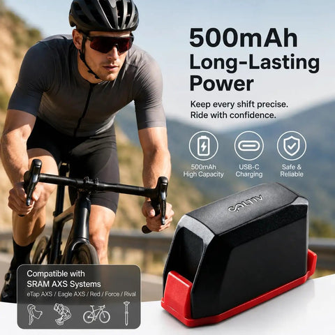 Cyclist using Beefed Up 500mAh Replacement Battery for SRAM eTap and eTap AXS, showcasing long-lasting power and USB-C charging.