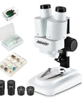 Grab And Go Portable Stereo Microscope With 20X And 50X Magnification, LED Light, WF Eyepieces, And 65 To 102 Mm Working Distance, Great For Insect Specimens And Mineral Studies, Includes 10 Slides And 12 Mineral Specimens, white with slides