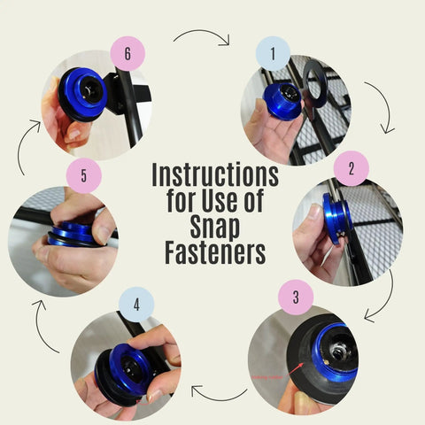 Instructions for snap fasteners on 60 Inch Folding Hitch Mount Cargo Carrier Basket with step-by-step guide.
