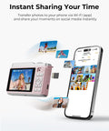 Fire Pink Wifi Digital Camera For Kids Featuring Switchable Dual Lenses And Crisp 4K Capture Point And Shoot Option With Sixteen X Zoom Anti Shake Tech Super Portable Compact Design Prime Gift For Cool Teens showing instant photo sharing to a smartphone.