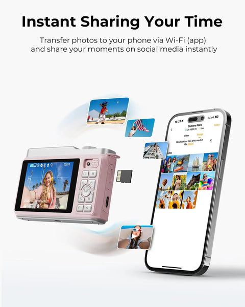 Fire Pink Wifi Digital Camera For Kids Featuring Switchable Dual Lenses And Crisp 4K Capture Point And Shoot Option With Sixteen X Zoom Anti Shake Tech Super Portable Compact Design Prime Gift For Cool Teens showing instant photo sharing to a smartphone.