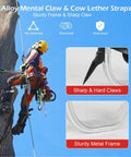 Pro Grade Tree Climbing Spikes Kit With Adjustable Steps showing metal claws and an arborist climbing with equipment