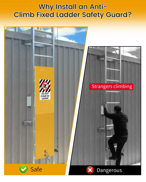 No Climb Fixed Ladder Safety Guard For Roof And Tower Ladders 16 Inch And Wider with warning sign, yellow installed