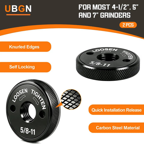 Tool Free Quick Install And Release Angle Grinder Nut Set 5/8-11 2 Pack Self Locking Flange Nuts for 4-1/2 Inch to 9 Inch Grinders