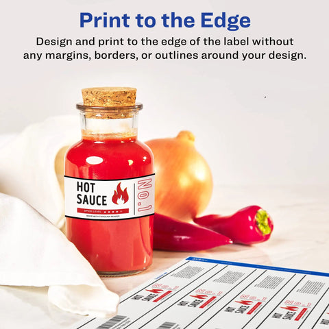 Slick Waterproof Wraparound Rectangle Labels Matte White 1-1/4 X 9-3/4 Inches on hot sauce bottle with peppers.