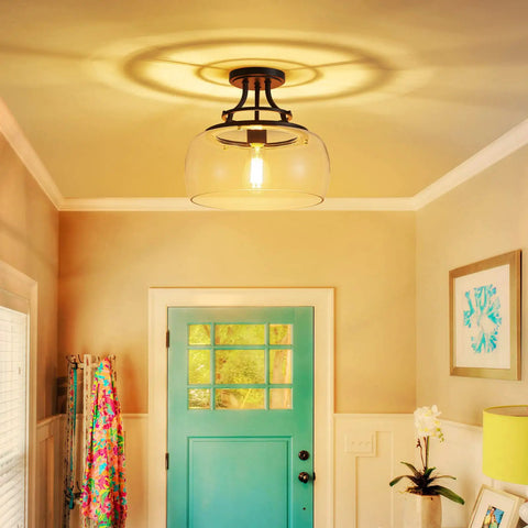 Rustic Farmhouse Industrial Round Ceiling Light Fixture With Clear Glass Shades LED Chandelier For Bathroom Kitchen Foyer And Entry Semi Flush Mount Black Finish E26 Base 11.8 Inches High By 13.4 Inches Wide Non Dimmable Edison Bulb