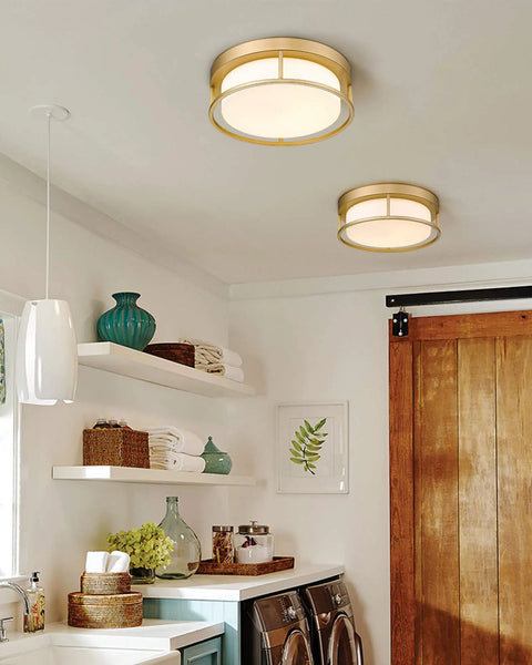 Lit Gold Finish LED Ceiling Light Fixture 12 Inch Flush Mount 24W 950 Lumens Dimmable 3000K Opal Frosted Glass in laundry room