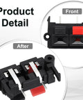 Front and back view of 2 Way Spring Terminal Clip Push Release Connector Plate Jack Socket For Speakers, Red Black Polarity Coding, 37x26x20mm.