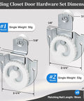 Sliding Closet Door Hardware Set 4 Pack Includes All Necessary Rollers Knobs Screws And Adjustable Hooks For Two Wood Doors Durable Galvanized Steel Construction With Round Recess Finger Pulls And Dual Floor Guide For Smooth Operation, showing roller dimensions and single weight.