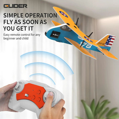 Hand holding remote controlling Retro Biplane RC Plane For Kids And Adults With Two Point Four GHz Remote Control Auto Balance