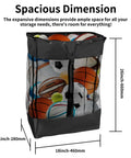 Take Anywhere Slatwall Basket Organizer With Grab And Go Design And Detachable Hooks Large Mesh Storage Bin, full of sports balls, dimensions shown 18in x 11in x 26in