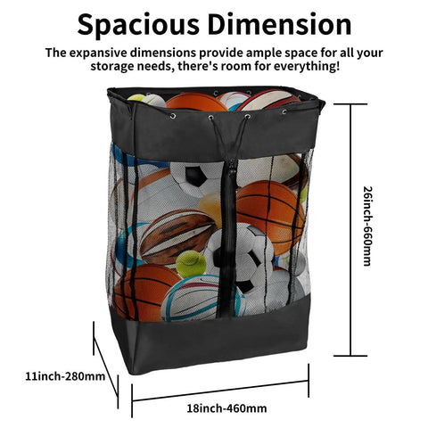 Take Anywhere Slatwall Basket Organizer With Grab And Go Design And Detachable Hooks Large Mesh Storage Bin, full of sports balls, dimensions shown 18in x 11in x 26in