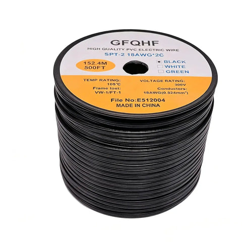 500 Foot Black SPT-2 Zip Cord Extension Cable 18 Gauge 2 Conductor UL Listed Wire spool with label, indoor outdoor use