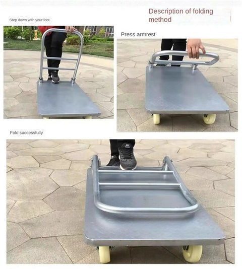 Heavy Duty Platform Truck Push Cart Dolly Foldable Flatbed With 440 Lb Capacity And 5 Inch Wheels Welded Steel Construction Textured Surface For Secure Load Easy Maneuvering For Moving Heavy Goods In Warehouse, folded steel cart