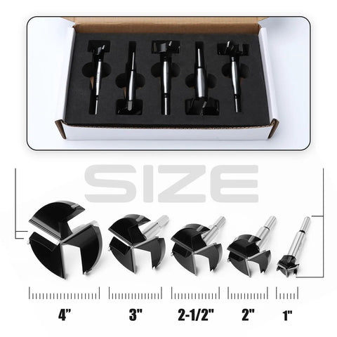 Top Tier 5 Piece Carbide Tipped Forstner Drill Bit Set Featuring Triple Flute Tungsten Steel Construction Cut sizes from 1 to 4 inches