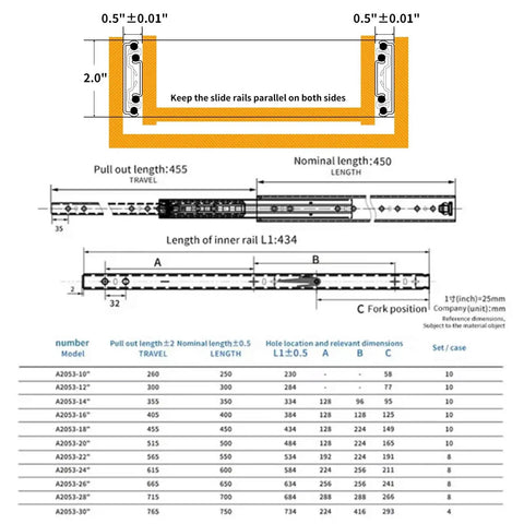 Beefy 150 Lb Heavy Duty Locking Drawer Slides Full Extension Ball Bearing Rails for Cabinets, Silent Open Close, Rust Resistant Electroplated or Powder Coated Finish, Durable, Smooth Operation for High Use Drawers technical dimension diagram