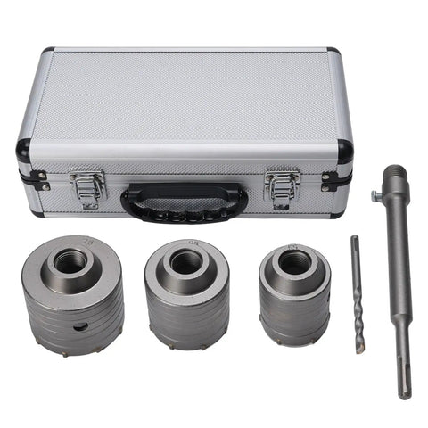 Concrete Hole Saw Kit With 55mm 65mm 75mm Tungsten Steel Triple Tooth Cutter For Efficient Chip Removal For Hollow Brick And Cement Walls AC Pipe Installation Includes Durable Storage Case Built Tough Pro Grade, case and cutters