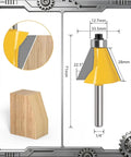 Top Shelf Five Piece Chamfer Router Bit Set With Quarter Inch Shank Delivering Sweet Cuts From 11.5 To 45 Degrees For Crisp Bevel Edges And Hard As Nails Tungsten Carbide Woodworking Blades That Run Like A Dream On Every Jobsite, showcasing a chamfer router bit against wood.