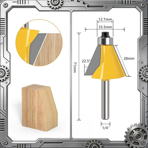 Top Shelf Five Piece Chamfer Router Bit Set With Quarter Inch Shank Delivering Sweet Cuts From 11.5 To 45 Degrees For Crisp Bevel Edges And Hard As Nails Tungsten Carbide Woodworking Blades That Run Like A Dream On Every Jobsite, showcasing a chamfer router bit against wood.