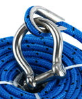 Amarine Made 3/16 Inch By 100 Ft Premium Braided Polypropylene Boat Anchor Rope with stainless steel shackle and blue braided line.