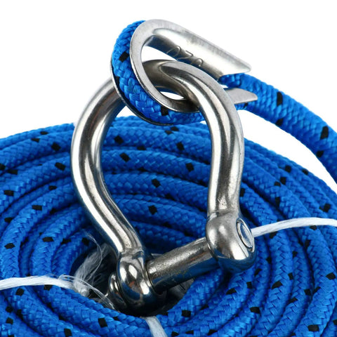 Amarine Made 3/16 Inch By 100 Ft Premium Braided Polypropylene Boat Anchor Rope with stainless steel shackle and blue braided line.