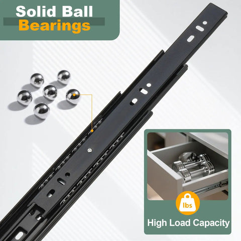 Heavy Duty Steel 13 Inch Drawer Slides Full Extension Ball Bearing Side Mount Cabinet Rails With Screws For Furniture Dead Smooth Glide And Easy Setup Black Two Pack with visible ball bearings and cabinet slide.