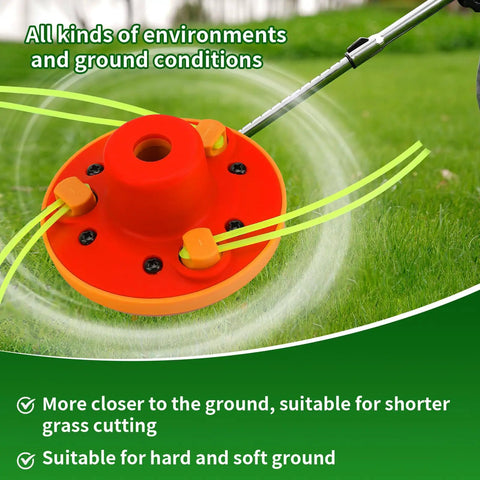 Universal Weed Eater Head With 12pc 11in.095 Triangle Trimmer Line for Easy Install, shown trimming grass close-up.