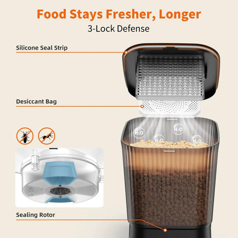 Dead Simple Smart Cat Feeder With Solid Wifi And Smartphone App Control automated pet food dispenser with silicone seal and desiccant bag for freshness.