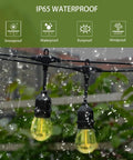 Solar String Lights Outdoor 100ft With Remote Control Dimmable Patio Lights 32 Shatterproof Bulbs in rain showing waterproof feature