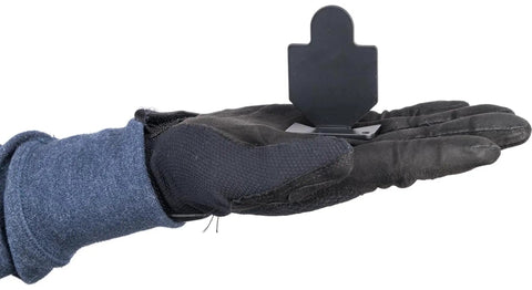 Hand holding Big Bang Steel Target for Airguns Six Pack Small Silhouette Popper Target, 2.75-inch durable steel