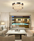 Living room with Dope Crystal Chandelier LED Ceiling Light with Remote Control Dimmable Flush Mount Fixture illuminating space.