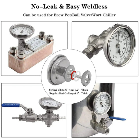 3 Inch Dial Kettle Thermometer With 2 Inch Probe Half NPT Stainless Steel Dual Scale Fahrenheit Celsius For Home Brewing No Fuss Quick Install On Your Brew Pot Food Safe Temperature Gauge on brew pot and valve